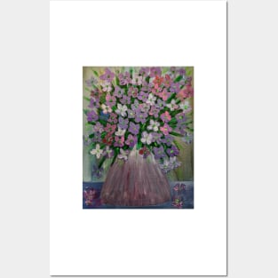 purple and pink abstract flowers . In a metallic silver and gold vase . Posters and Art